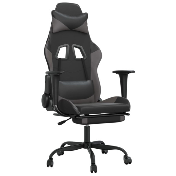 Silla gaming de masaje y reposapiés cuero sintético negro gris M 2