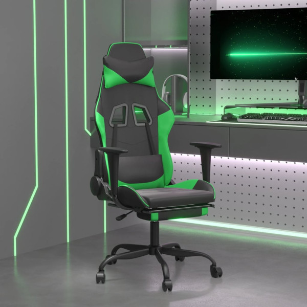 Silla gaming de masaje y reposapiés cuero sintético negro verde D