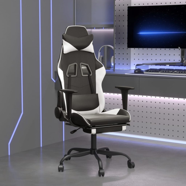 Silla gaming masaje y reposapiés cuero sintético negro blanco D