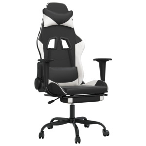 Silla gaming masaje y reposapiés cuero sintético negro blanco H