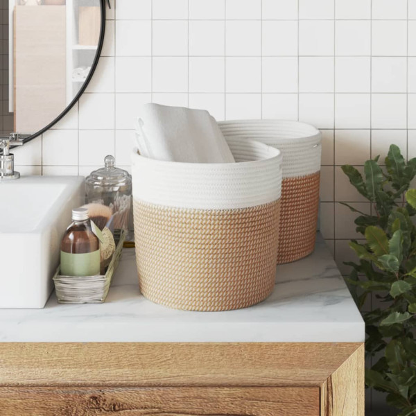 Cestos de arrumação 2 pcs Ø28x28 cm algodão castanho e branco M 3