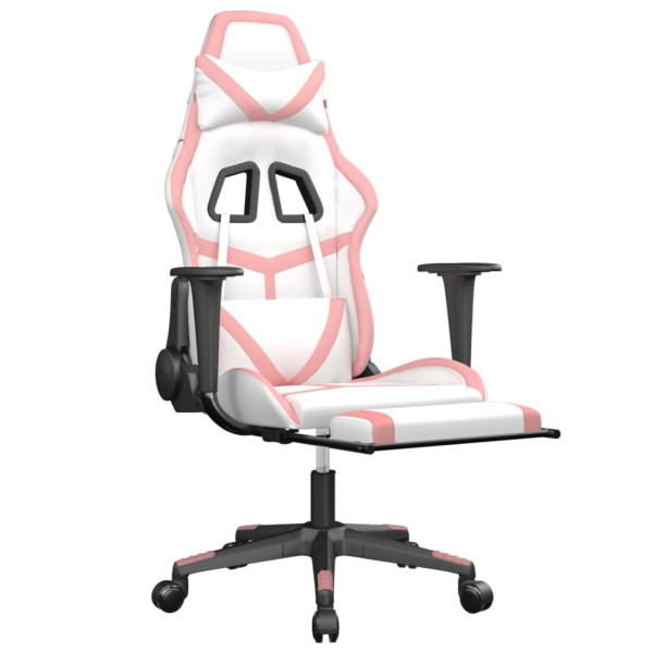 Cadeira gaming massagens c/ apoio pés couro artif. branco/rosa M 3