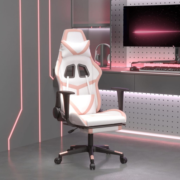 Silla gaming con reposapiés cuero sintético blanco y rosa D