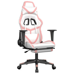 Silla gaming con reposapiés cuero sintético blanco y rosa H