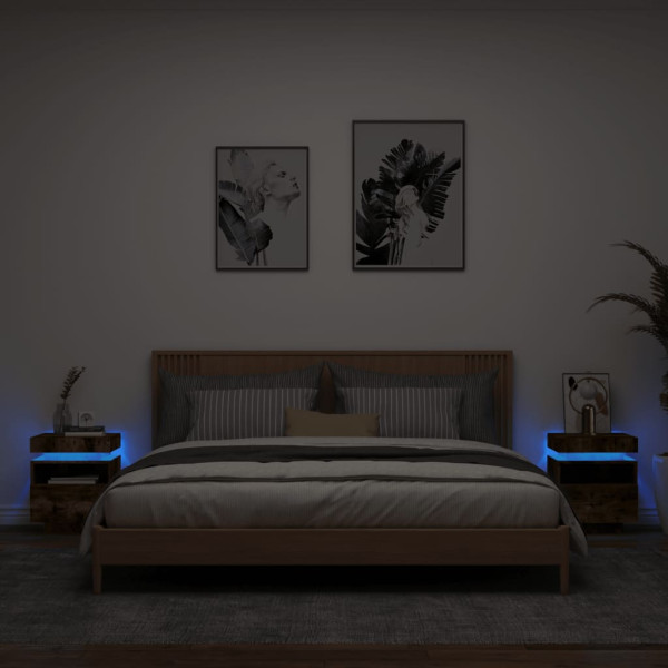 Mesitas de noche con luces LED 2 uds roble ahumado 40x39x48.5cm D