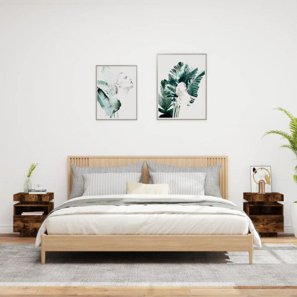 Mesitas de noche con luces LED 2 uds roble ahumado 40x39x48.5cm M 3