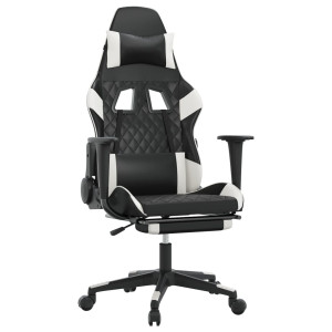 Silla gaming masaje y reposapiés cuero sintético negro blanco H