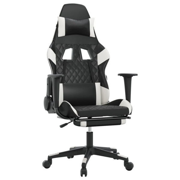 Silla gaming masaje y reposapiés cuero sintético negro blanco M 2