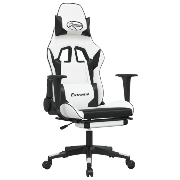Cadeira gaming massagens c/ apoio pés couro artif. Branco/preto M 2