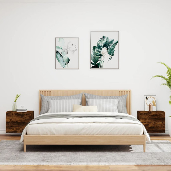 Mesitas de noche de pared con luces LED 2 uds roble ahumado M 3