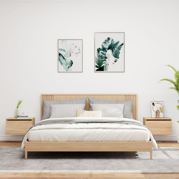 Mesitas de noche de pared con luces LED 2 unidades roble Sonoma M 3