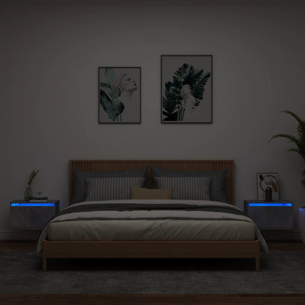 Mesitas de noche de pared con luces LED 2 uds gris hormigón D