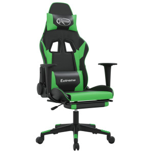 Cadeira gaming massagens c/ apoio pés couro artif. preto/verde H