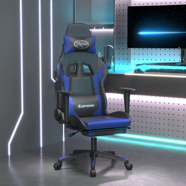 Silla gaming de masaje y reposapiés cuero sintético negro azul D