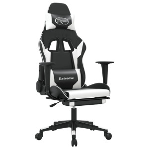 Silla gaming masaje y reposapiés cuero sintético negro blanco H