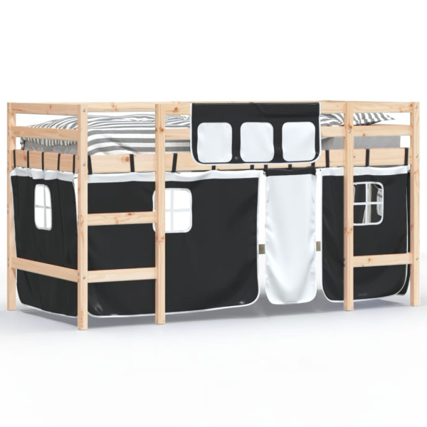 Cama alta niños con cortinas madera pino blanco negro 90x200 cm M 2
