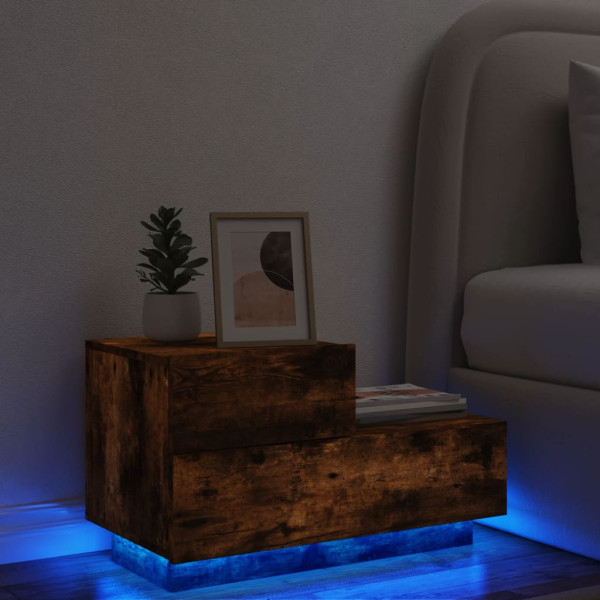 Mesita de noche con luces LED roble ahumado 70x36x40.5 cm D