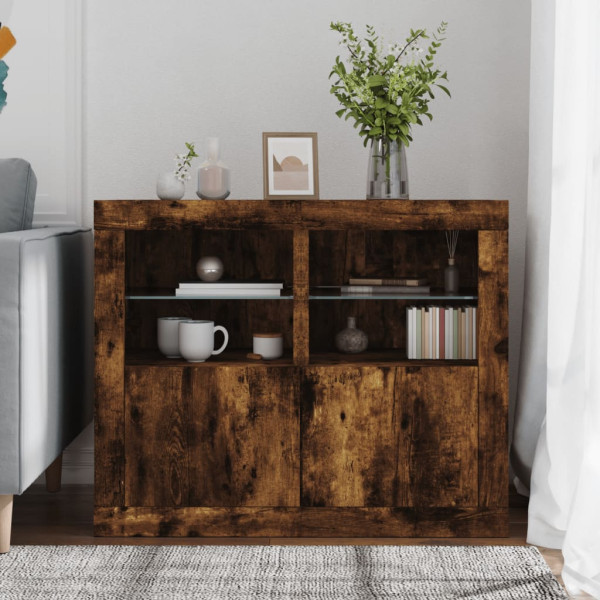 Mesita de noche luces LED 2 uds madera ingeniería roble ahumado M 3