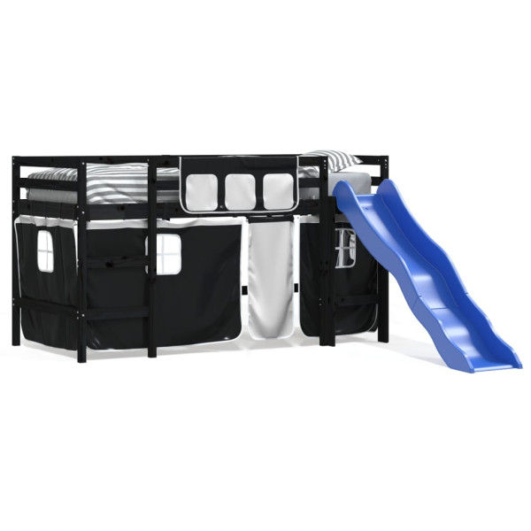 Cama alta niños con cortinas madera pino blanco negro 80x200 cm M 2