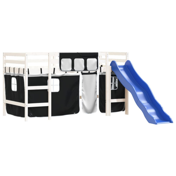 Cama alta criança c/ cortina 80x200cm pinho maciço branco/preto M 4