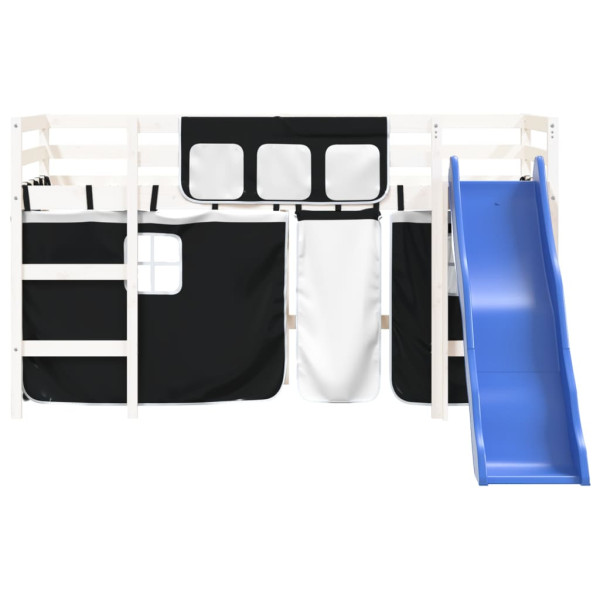 Cama alta criança c/ cortina 80x200cm pinho maciço branco/preto M 5