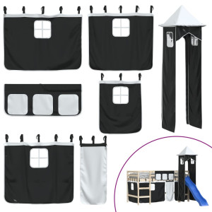 Cortinas para cama elevada com torre poliéster branco e preto H