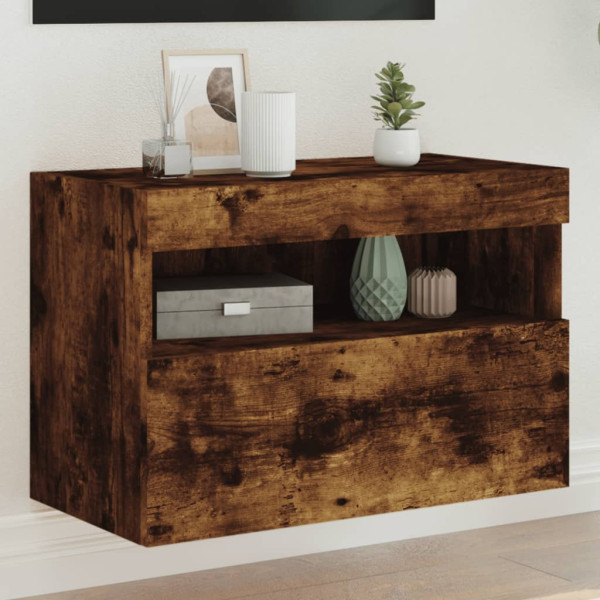 Mueble de TV de pared con luces LED roble ahumado 60x30x40 cm D