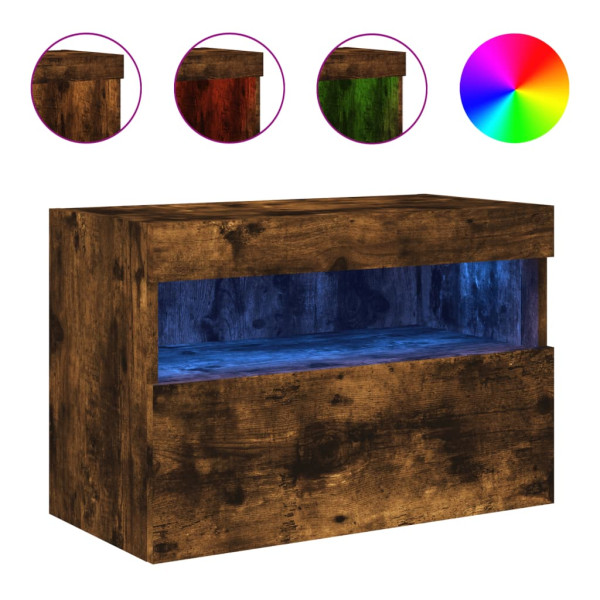 Mueble de TV de pared con luces LED roble ahumado 60x30x40 cm M 2