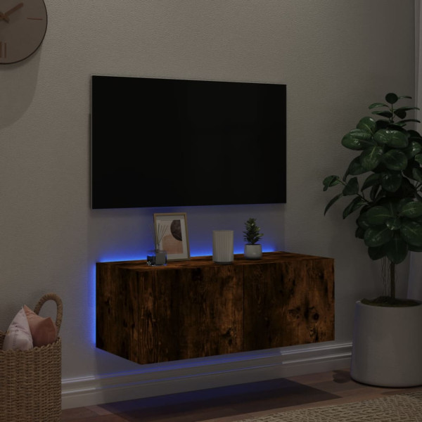 Mueble de TV de pared con luces LED roble ahumado 80x35x31 cm M 3