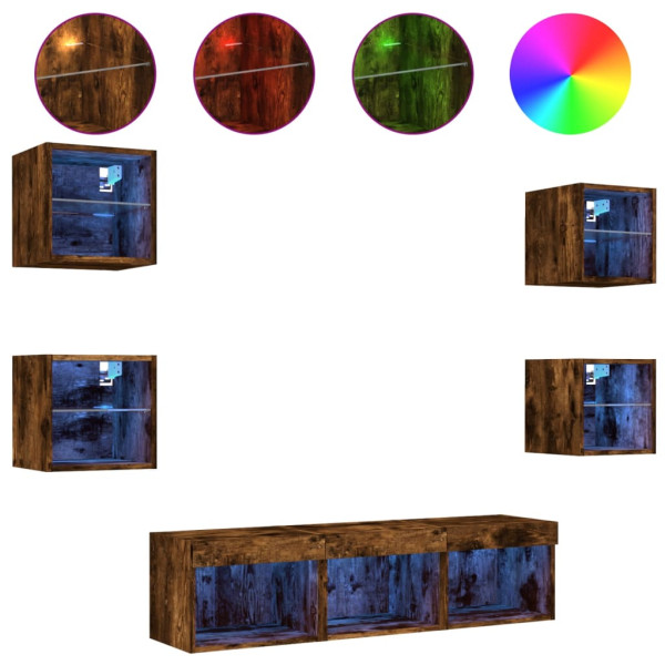 Muebles TV pared con LED 7 pzas madera ingeniería roble ahumado M 2