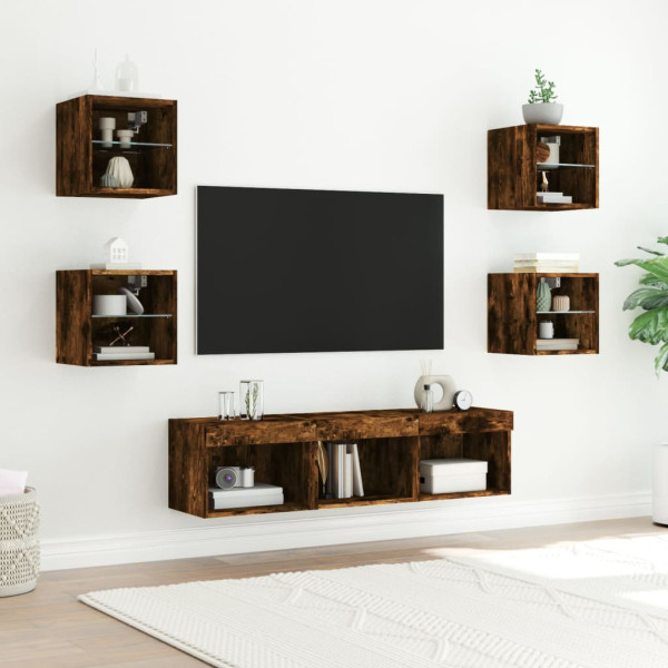 Muebles TV pared con LED 7 pzas madera ingeniería roble ahumado M 3