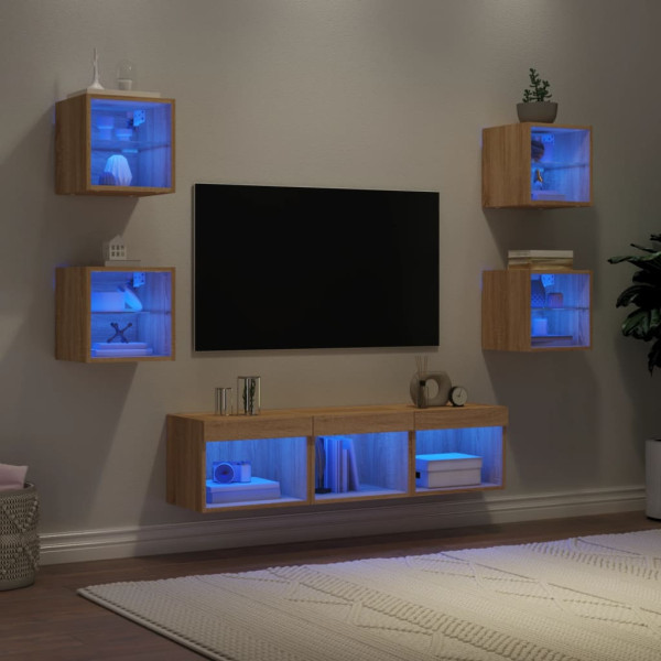 Muebles TV pared con LED 7 pzas madera ingeniería roble Sonoma D