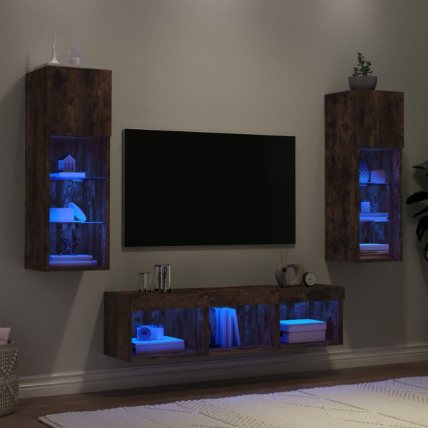 Muebles TV pared con LED 5 pzas madera ingeniería roble ahumado D