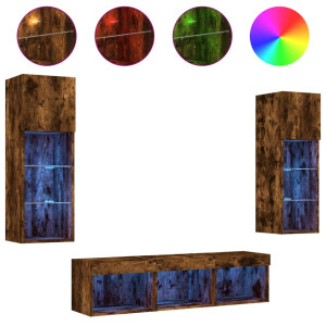 Muebles TV pared con LED 5 pzas madera ingeniería roble ahumado H