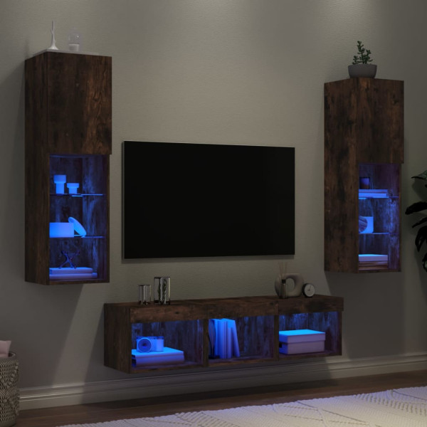 Muebles TV pared con LED 5 pzas madera ingeniería roble ahumado D