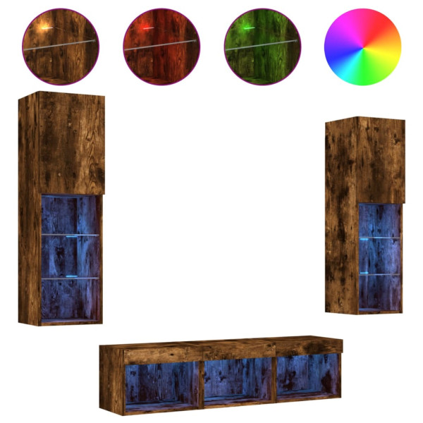 Muebles TV pared con LED 5 pzas madera ingeniería roble ahumado M 2