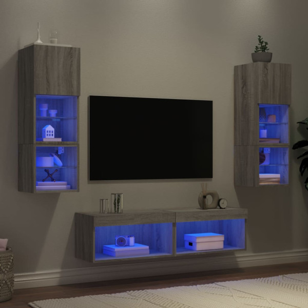 Muebles TV pared con LED 6 pzas madera ingeniería gris Sonoma D