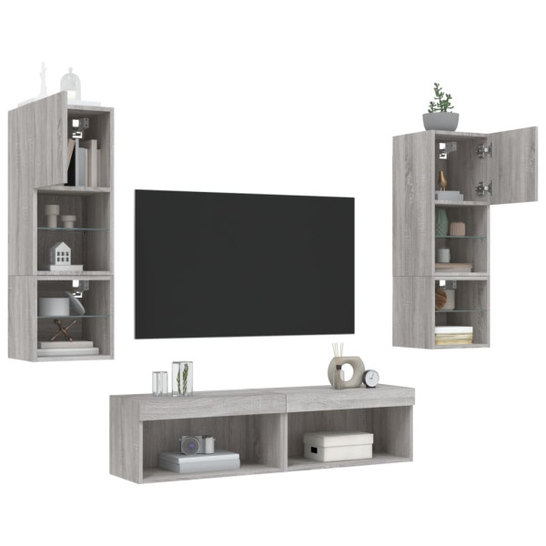 Muebles TV pared con LED 6 pzas madera ingeniería gris Sonoma M 4