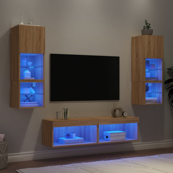 Muebles TV pared con LED 6 pzas madera ingeniería roble Sonoma D