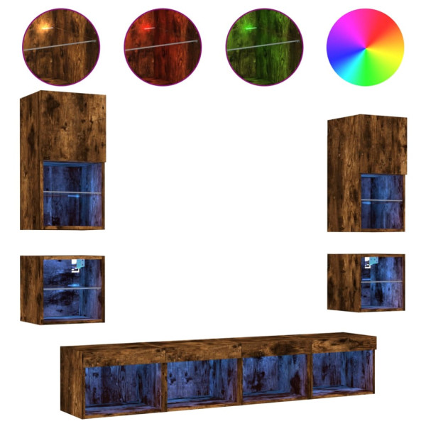 Muebles TV pared con LED 8 pzas madera ingeniería roble ahumado M 2