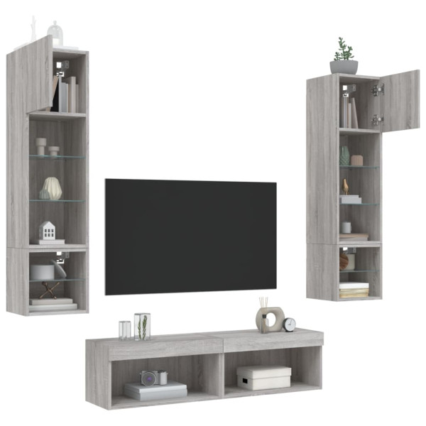 Muebles TV pared con LED 6 pzas madera ingeniería gris Sonoma M 4