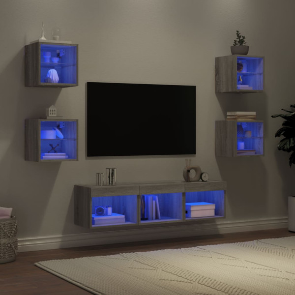 Muebles TV pared con LED 7 pzas madera ingeniería gris Sonoma D