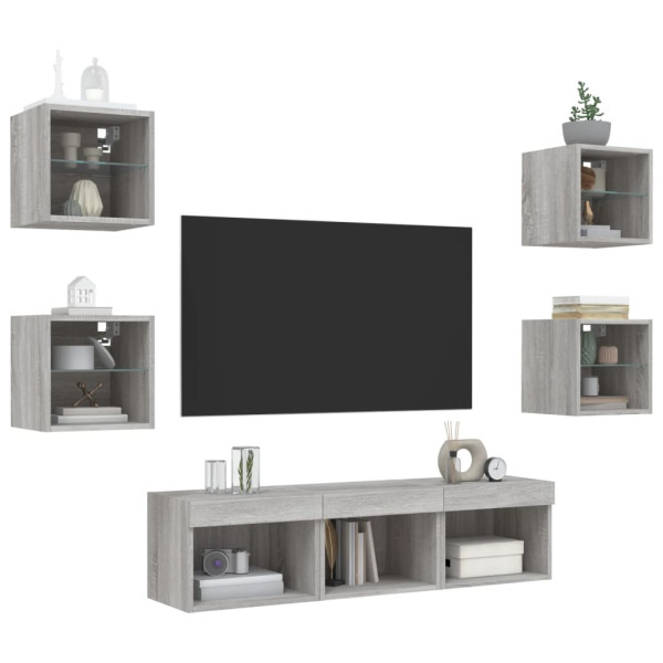 Muebles TV pared con LED 7 pzas madera ingeniería gris Sonoma M 4