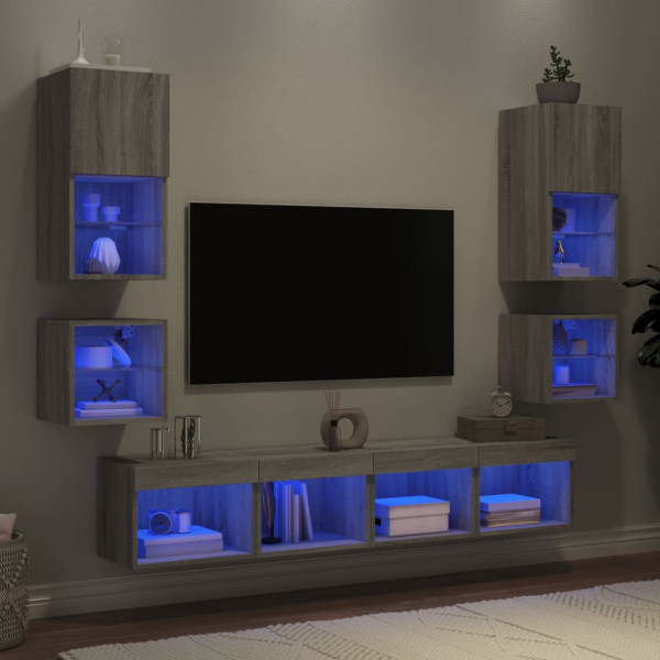Muebles TV pared con LED 8 pzas madera ingeniería gris Sonoma D