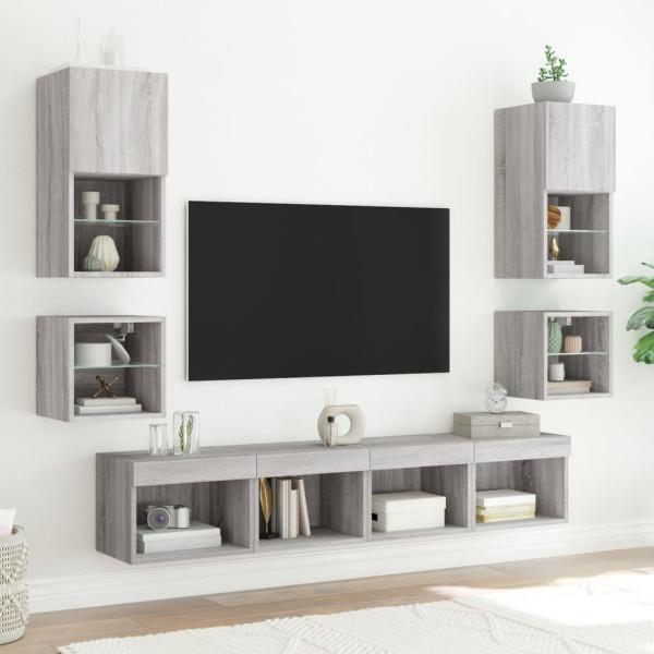 Muebles TV pared con LED 8 pzas madera ingeniería gris Sonoma M 3