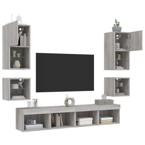 Muebles TV pared con LED 8 pzas madera ingeniería gris Sonoma M 4