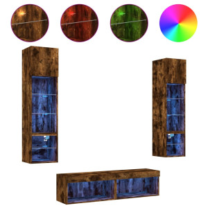Muebles TV pared con LED 6 pzas madera ingeniería roble ahumado H