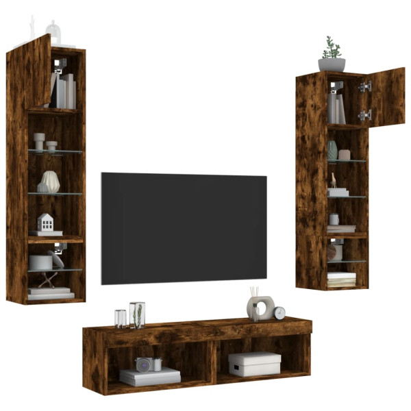 Muebles TV pared con LED 6 pzas madera ingeniería roble ahumado M 4