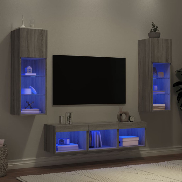 Muebles TV pared con LED 5 pzas madera ingeniería gris Sonoma D