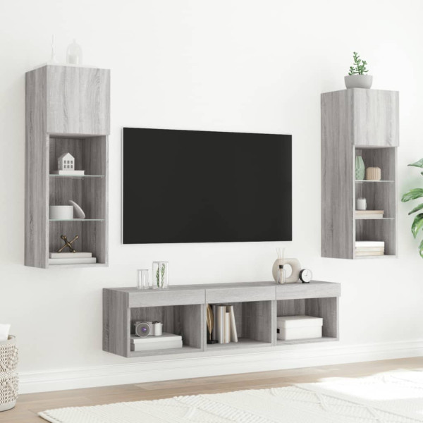 Muebles TV pared con LED 5 pzas madera ingeniería gris Sonoma M 3